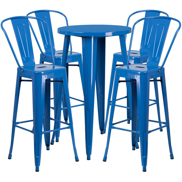 A Flash Furniture blue metal bar table with four blue stools.