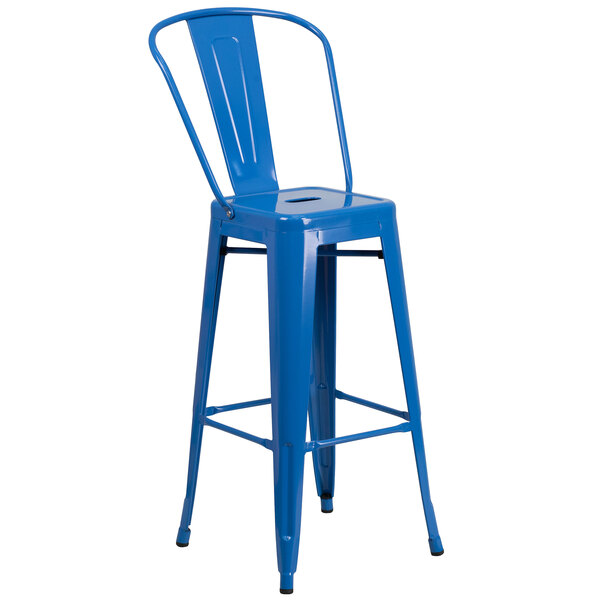 a blue bar stool with a square seat