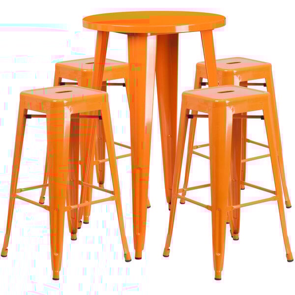 An orange metal Flash Furniture bar table with 4 square backless stools.