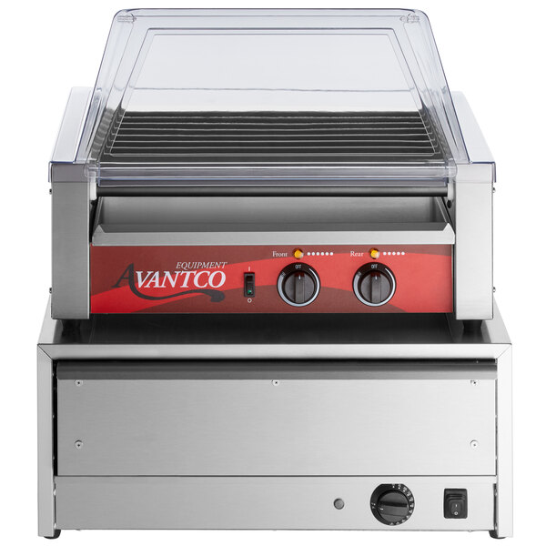 An Avantco hot dog roller grill with a sneeze guard lid.