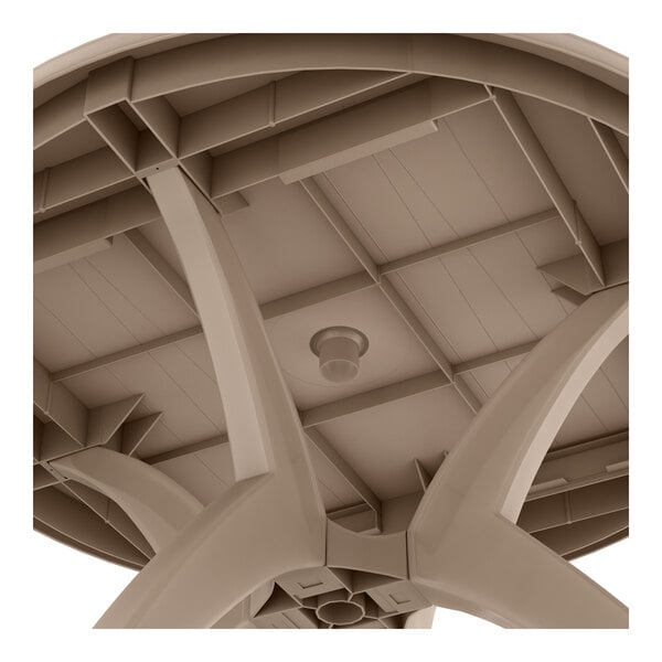 A Grosfillex French Taupe resin table top on a metal pedestal base.