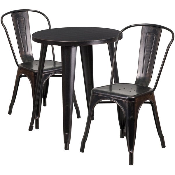 A Flash Furniture table and 2 chairs in black and antique gold.