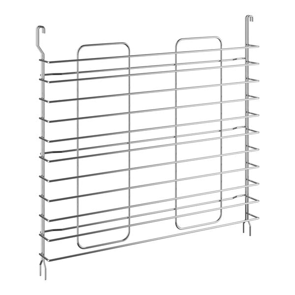 A metal grid with many metal bars designed to hold sheet pans.