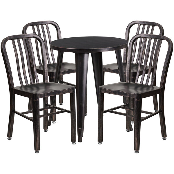 A black metal Flash Furniture table with four black metal chairs around it.