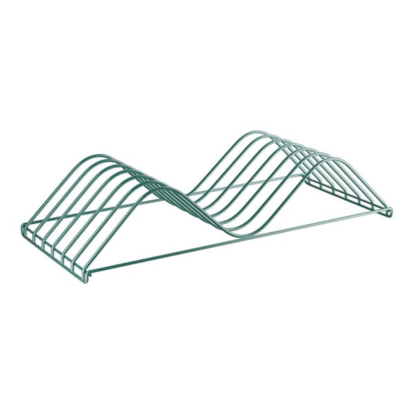 A green wire rack with curved lines.