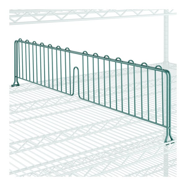 A close-up of a green metal wire shelf divider.