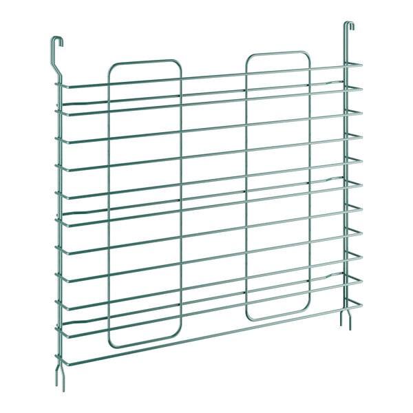 A green metal wire rack with many shelves.
