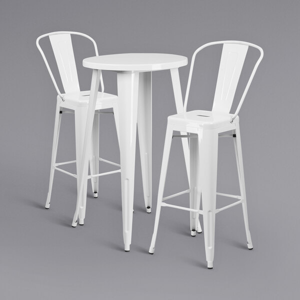 A Flash Furniture white metal bar height table with 2 white metal cafe stools.