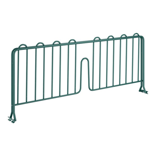 A green metal wire shelf divider with two bars.