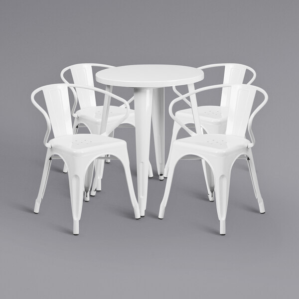 A white Flash Furniture table with four white arm chairs.