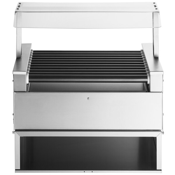 An Avantco hot dog roller grill with a clear canopy over the rollers.