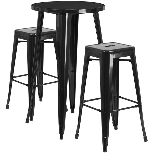 A Flash Furniture black metal bar height table with 2 black square seat backless stools.