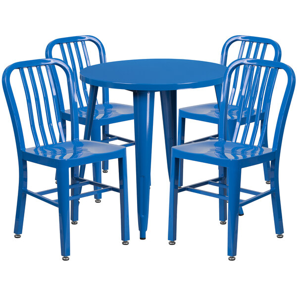 a blue plastic chair with a blue seat