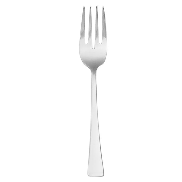 A silver fork with a black handle.