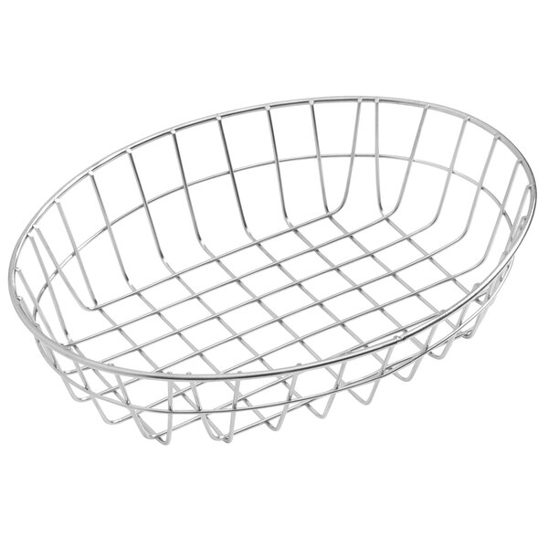 An American Metalcraft stainless steel oval wire basket with a wire mesh.