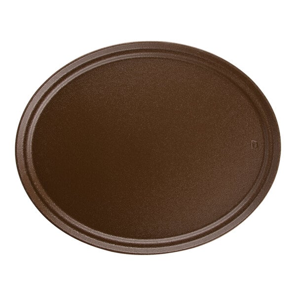 A brown oval Carlisle Griptite non-skid serving tray.