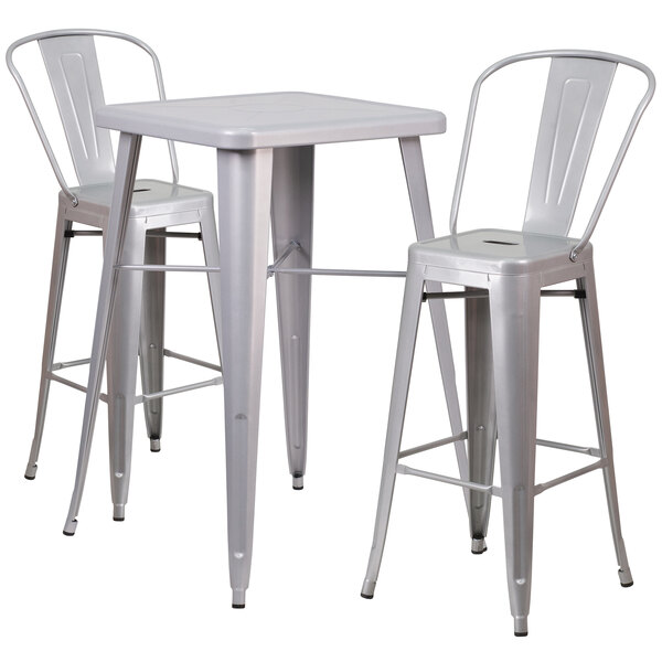 A Flash Furniture silver metal bar height table and 2 chairs.