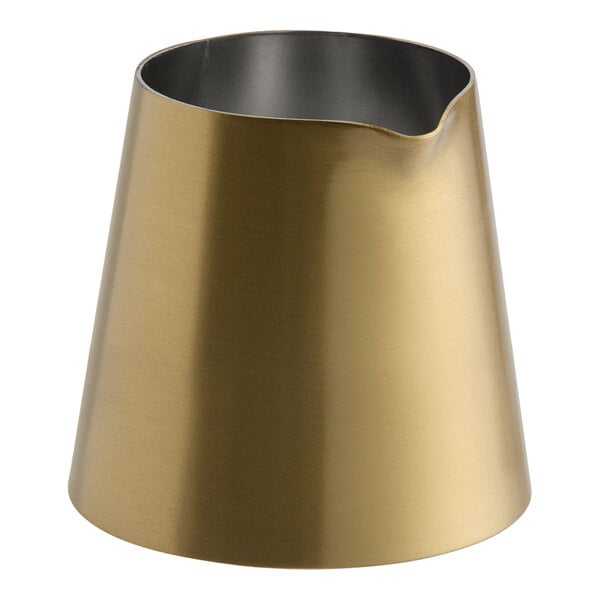 An American Metalcraft gold satin stainless steel creamer with a black handle.