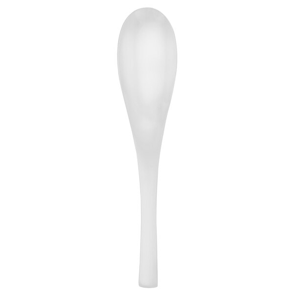 A stainless steel dessert spoon with a long handle.