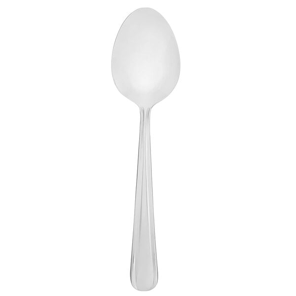 A Walco stainless steel dessert spoon with a white handle on a white background.