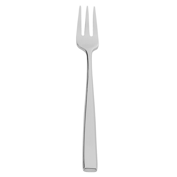 A silver fork with a black handle.