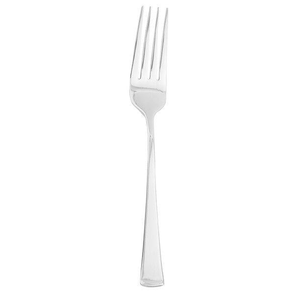 A silver fork with a black handle on a white background.