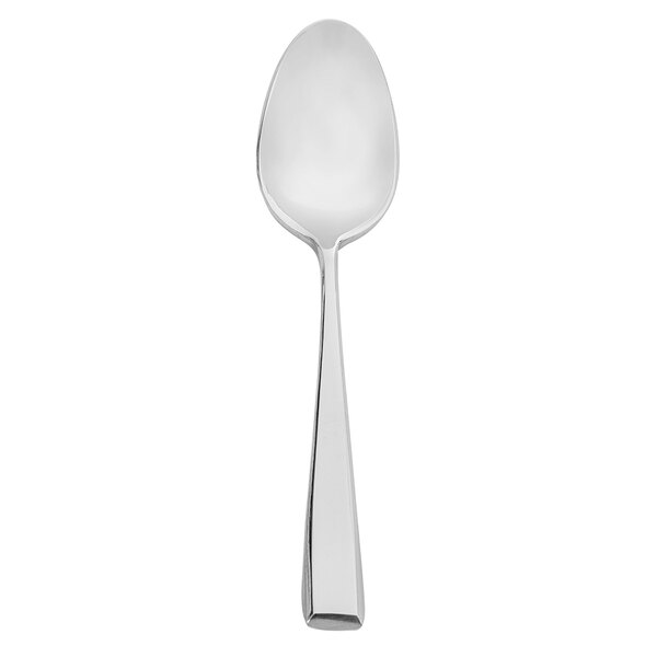 A Walco stainless steel dessert spoon with a silver handle and white background.