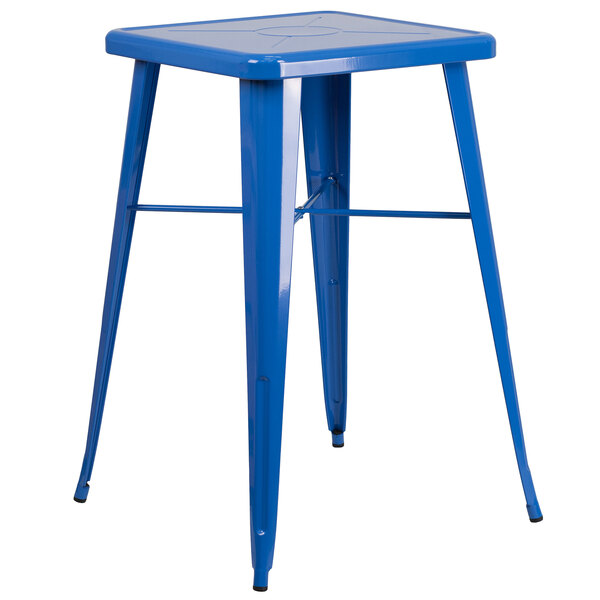 A blue metal square bar stool.