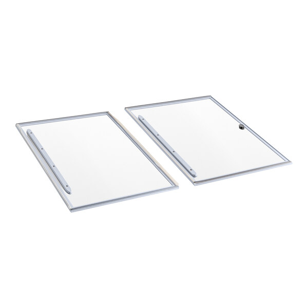 A set of two rectangular glass lids with metal frames designed for a commercial freezer.