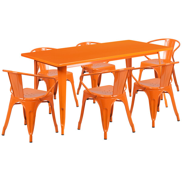 An orange Flash Furniture rectangular dining table and chairs set.