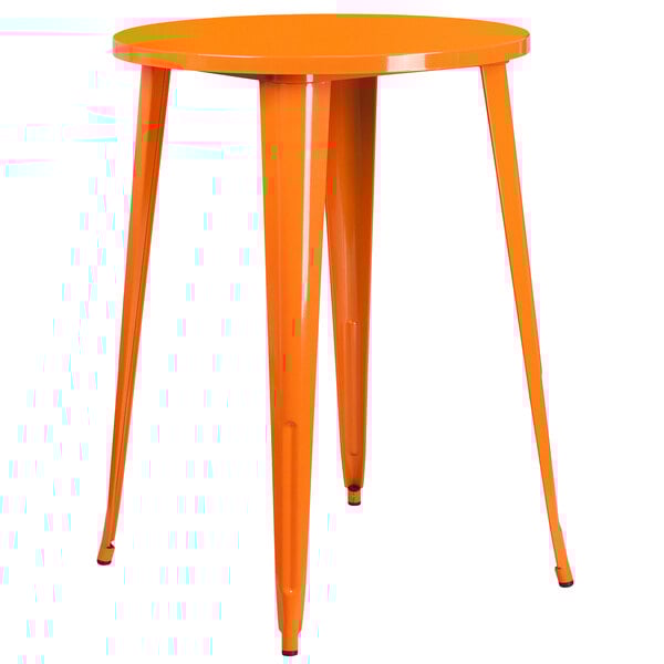 An orange metal Flash Furniture bar height table with legs.