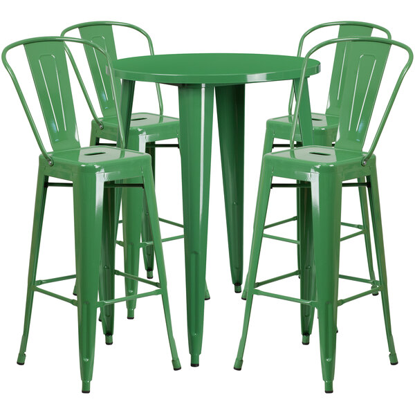 A Flash Furniture green metal bar table with four green metal bar stools.