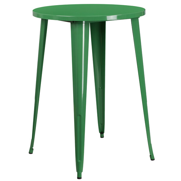 A Flash Furniture green metal bar height table with legs.