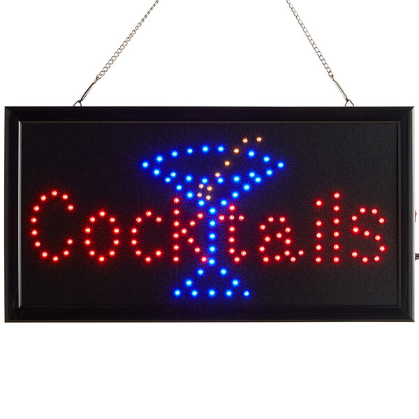 A white rectangular LED sign with "Cocktails" and a martini glass in lights.
