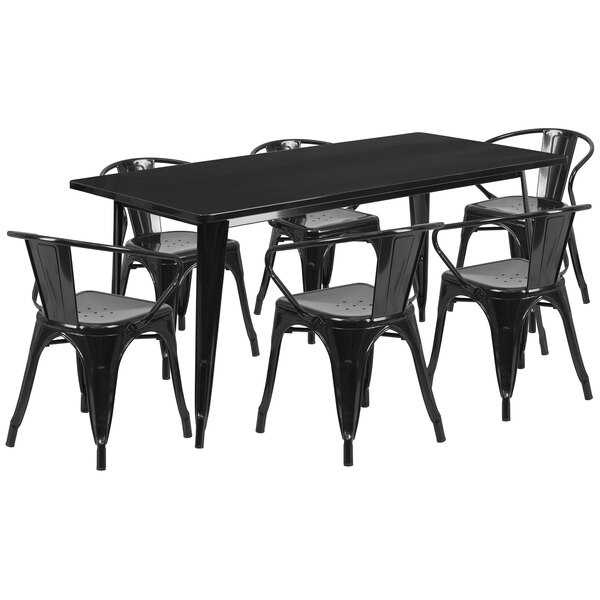 A black rectangular Flash Furniture dining table with black metal chairs.