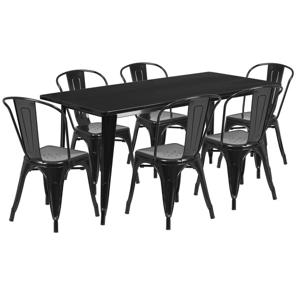 A Flash Furniture black metal rectangular dining table with six black cafe chairs.