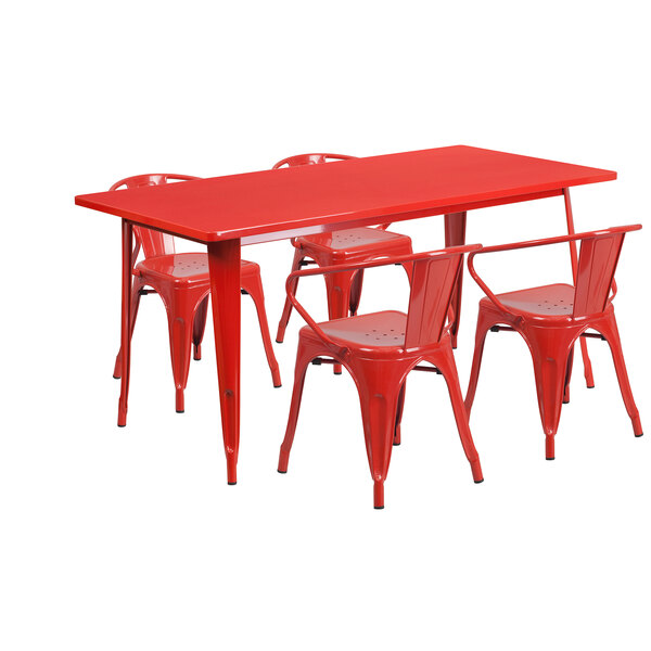 A Flash Furniture red metal rectangular dining table with four arm chairs.