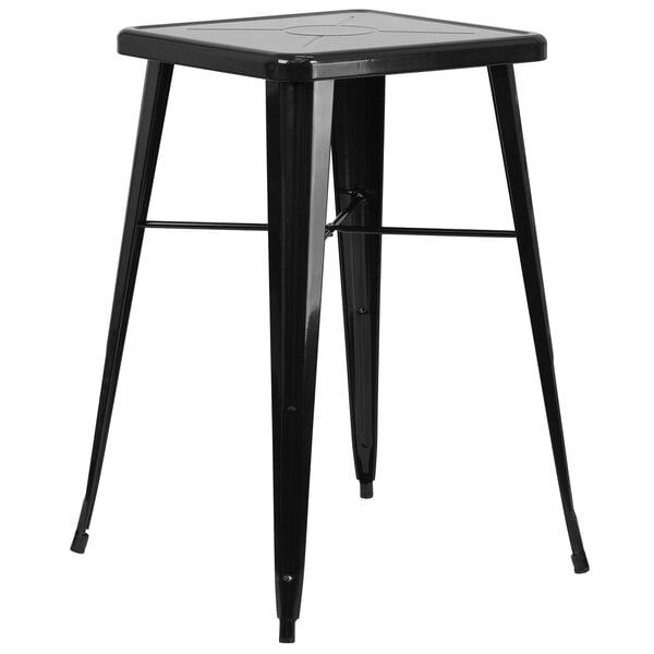 A Flash Furniture black metal square bar height table with 2 black square seat backless stools.