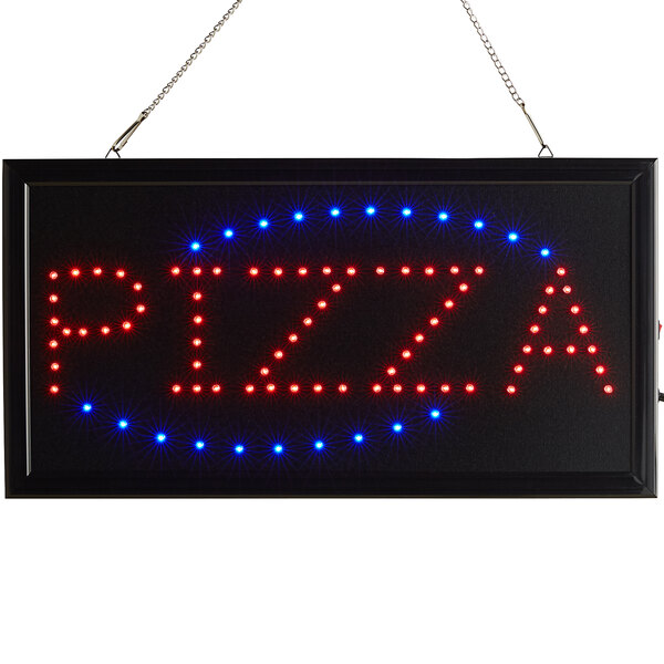 A black rectangular LED sign with "Pizza" in red and blue lights on a white background.