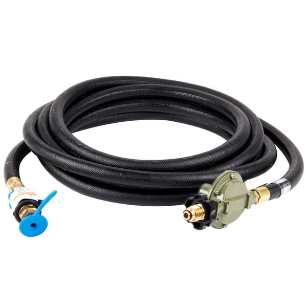 A black hose with a blue cap and blue connector.