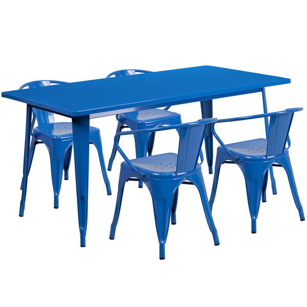 A blue table with four blue metal chairs.