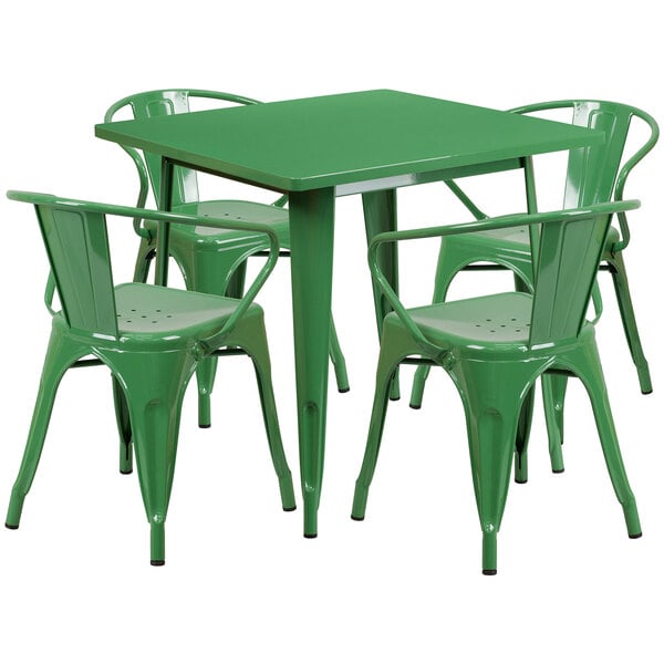 A Flash Furniture green metal table with four chairs.