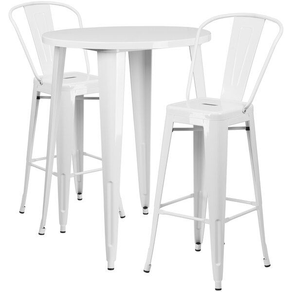 A white metal Flash Furniture bar table with two white metal chairs.