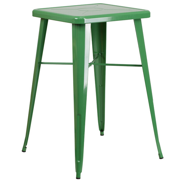 A green metal Flash Furniture bar stool with legs.