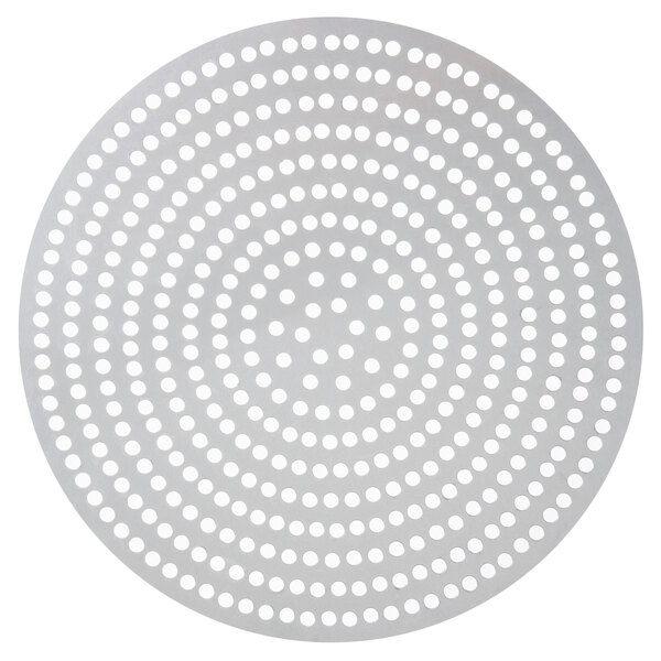 An American Metalcraft 17" super perforated aluminum pizza disk, a circular white disk with small holes.