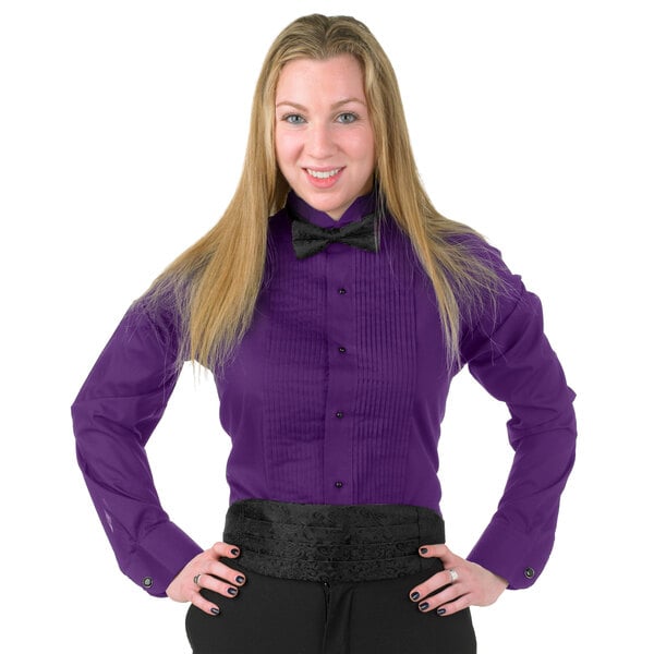 Purple dress shirt black pants on sale