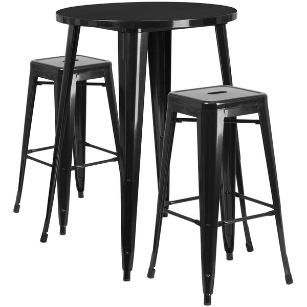 A Flash Furniture black metal bar height table with 2 square backless stools.