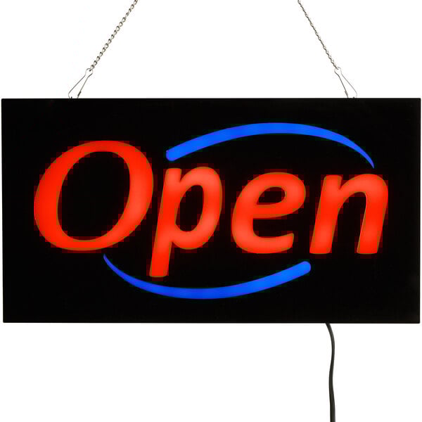 A rectangular white LED open sign with red and blue text.