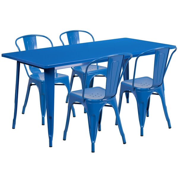 A blue table and chairs.