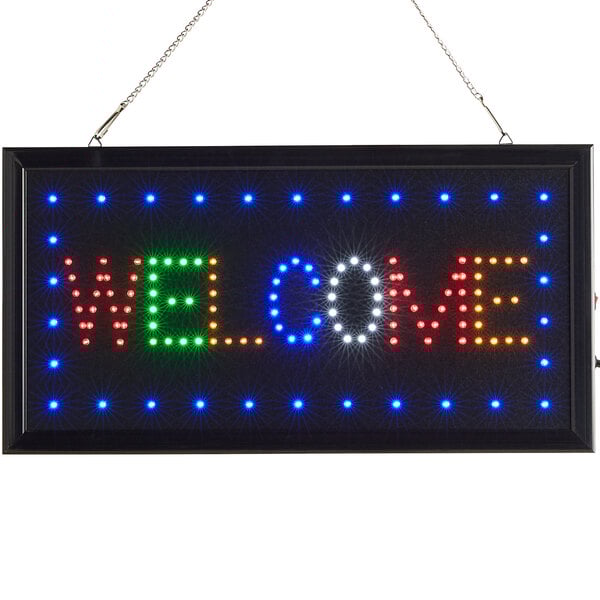 A rectangular LED welcome sign with colorful lights.